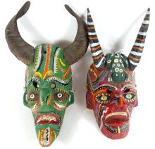 2 WOODEN DEVIL MASKS