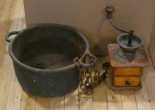 CAST IRON POTS, SKILLETS AND COFFEE GRINDER