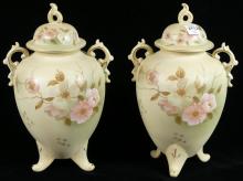 PAIR HAND-PAINTED PORCELAIN URNS