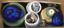 BOX LOT OF POTTERY DISHES, FIGURINES, ETC.