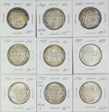 9 CANADIAN SILVER 50-CENT COINS