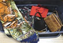 LARGE BIN OF PURSES, WALL HANGINGS AND BLANKETS