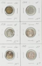 6 CANADIAN SILVER 10-CENT COINS