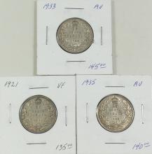 3 CANADIAN SILVER 25-CENT COINS