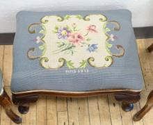 PAIR OF SIDE CHAIRS AND FOOTSTOOL