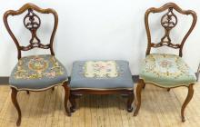 PAIR OF SIDE CHAIRS AND FOOTSTOOL