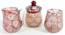 3PC. RUBY GLASS CONDIMENT SET