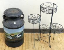 PAINTED MILK CAN AND WIRE PLANT STAND