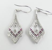 PAIR ELEGANT RUBY & DIAMOND FORMAL EARRINGS