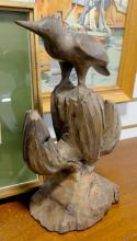 TWO WOODEN CARVINGS AND TOLE WORK