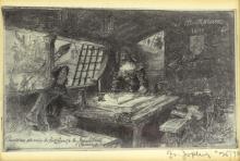 RARE ETCHING OF SAMUEL CHAMPLAIN IN HIS GALLEON CABIN