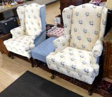 PAIR OF ETHAN ALLEN ARMCHAIRS AND FOOTSTOOL