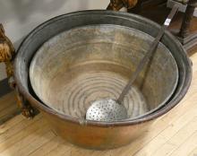 LARGE COPPER CAULDRON AND LADLE