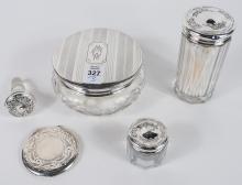 STERLING COMPACT, DRESSER JARS AND WINE STOPPER