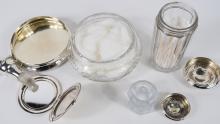 STERLING COMPACT, DRESSER JARS AND WINE STOPPER