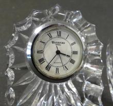 TWO WATERFORD DESK CLOCKS AND VASE