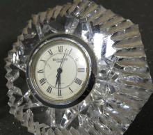 TWO WATERFORD DESK CLOCKS AND VASE