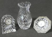 TWO WATERFORD DESK CLOCKS AND VASE