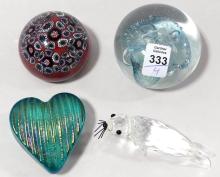 THREE ART GLASS PAPERWEIGHTS AND SWAROVSKI FIGURINE