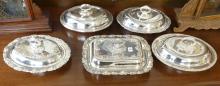 FIVE SILVER PLATE ENTREE DISHES
