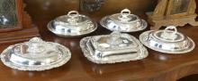 FIVE SILVER PLATE ENTREE DISHES