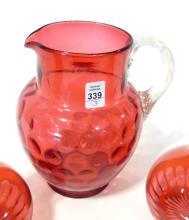 CRANBERRY GLASS PITCHER AND VASES