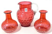 CRANBERRY GLASS PITCHER AND VASES