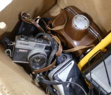 BOX LOT OF CAMERAS, BOOT SCRAPE, ETC.