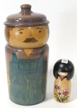 WOODEN COOKIE JAR AND FIGURINE