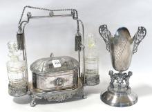 SILVER PLATE SERVING STAND AND CELERY CRUET