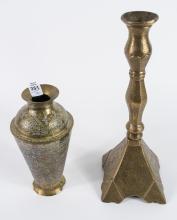 MIDDLE EASTERN BRASS VASE AND CANDLESTICK