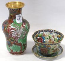 CLOISONNE VASE, PLIQUE-A-JOUR BOWL AND UNDERPLATE