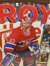 AUTOGRAPHED PATRICK ROY STICK AND FRAMED COLLAGE