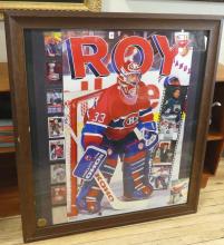 AUTOGRAPHED PATRICK ROY STICK AND FRAMED COLLAGE