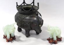 BRONZE CENSER AND JADE CARVINGS