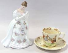 ROYAL DOULTON FIGURINE, CUP AND SAUCER