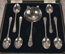 CASED STERLING SILVER SPOON AND STRAINER SET