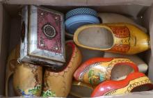 BOX LOT OF DUTCH CLOGS, PURSES, ETC.