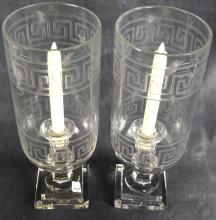 PAIR GLASS HURRICANE LAMPS & VASES