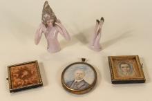 TWO PORTRAIT MINIATURES AND PINCUSHION DOLL