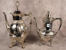 TWO ELABORATE SILVER PLATE COFFEE POTS