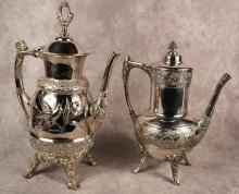 TWO ELABORATE SILVER PLATE COFFEE POTS