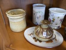 FIVE VASES AND SMALL PLATTER