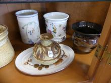 FIVE VASES AND SMALL PLATTER