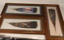 THREE FRAMED PAINTED FEATHERS