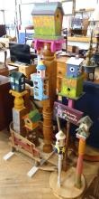 TWO PAINTED BIRDHOUSE STANDS