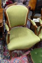 PAIR OF FRENCH ARMCHAIRS & FOOTSTOOL
