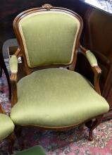 PAIR OF FRENCH ARMCHAIRS & FOOTSTOOL