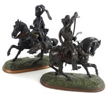 PAIR ANTIQUE BRONZE KNIGHTS ON HORSEBACK