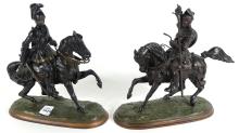 PAIR ANTIQUE BRONZE KNIGHTS ON HORSEBACK